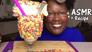 ASMR FRUITY PEBBLES CAKE AND MILKSHAKE RECIPE AND EATING SOUNDS [upl. by Drisko]