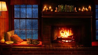 Cozy Cabin Ambience  Rain and Fireplace Sounds at Night 8 Hours for Sleeping Reading Relaxation [upl. by Aihsot]