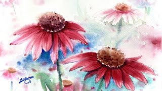 Loose Watercolor Painting  Cone Flowers Tutorial for Beginner Step by Step [upl. by Arriaes843]