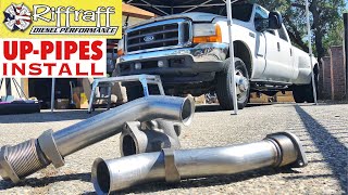 2001 F350 73  RiffRaff UpPipes Install  Stock up pipes leaking and falling apart JUNK SP [upl. by Aliuqaj972]