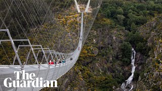 World’s longest pedestrian suspension bridge Arouca 516 opens in Portugal [upl. by Ileray]