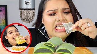 I Tried ASMR Eating Raw Honeycomb Slime Aloe Vera Sticky Crunchy Sounds [upl. by Aicerg]