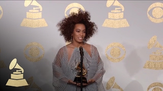 Solange Holding Grammy  Backstage  59th GRAMMYs [upl. by Ayatahs]